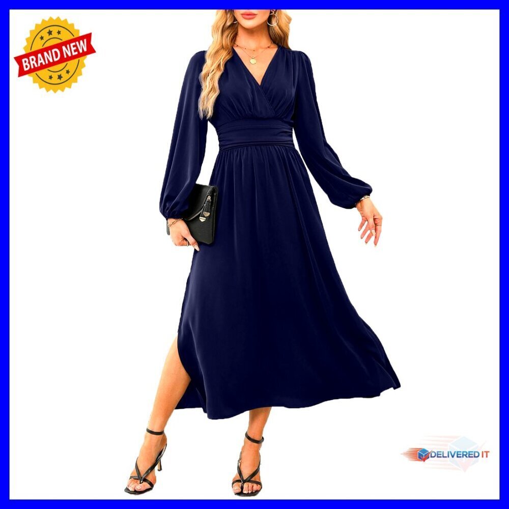 Wrap V-Neck Empire Waist Maxi Dress Lantern Sleeve Ruched Side Slit Elegant